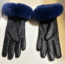 Surell  Black Leather with Blue Rabbit Fur Cuff Gloves sz M