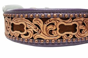 Genuine Leather Dog Collar. 24" X 1.5", Western Tooled In Purple/Brown Hair-On, Inlay Argentinean Cowhide. Angel Elite (San Antonio) Necks: 17.5"-22" (628071110529)