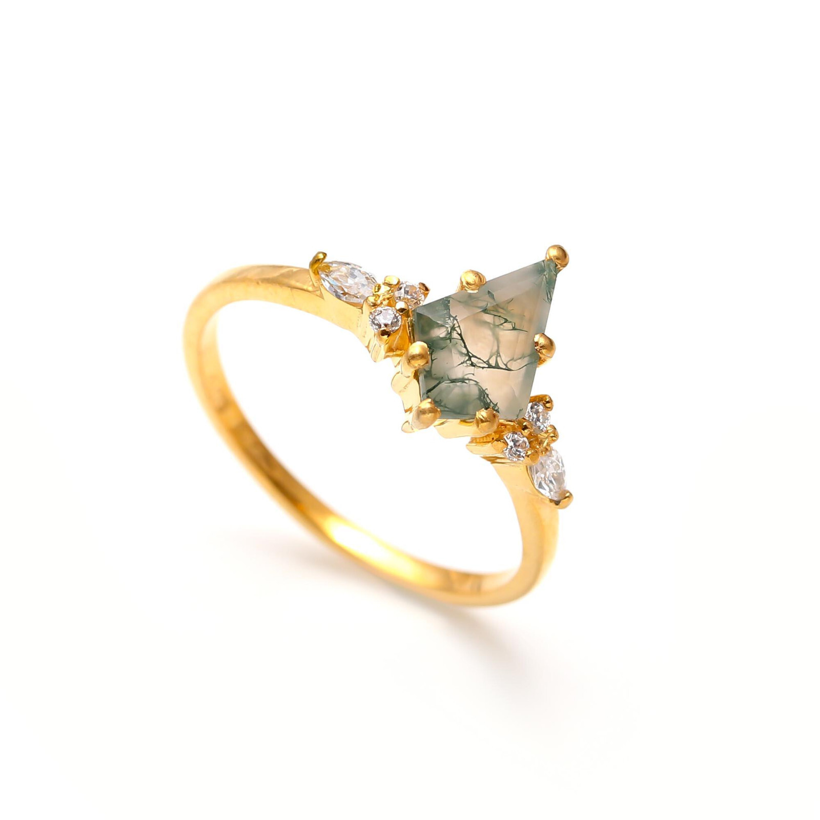 Natural Moss Agate Gold Plated 925 Sterling Silver Ring Adjustable Sizes
