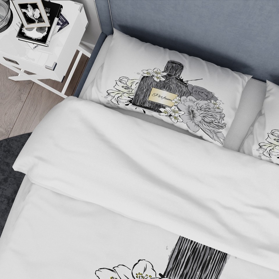 Designart 'Perfume Bottle and Bouquet Of Flowers III' Black Full/Queen