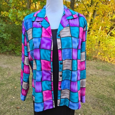 VTG Notations Blouse Shacket Multicolored Liquid Checkered Button Front size Lrg