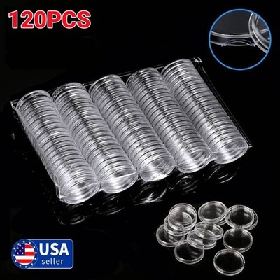 120PC Clear Round Plastic Coin Capsule Container Box Case Loose package US