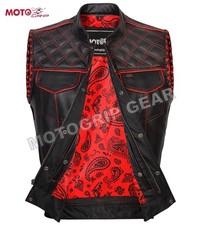 Men's Black Leather Vest Diamond Side Lace Motorcycle Red Concealed Waistcoat