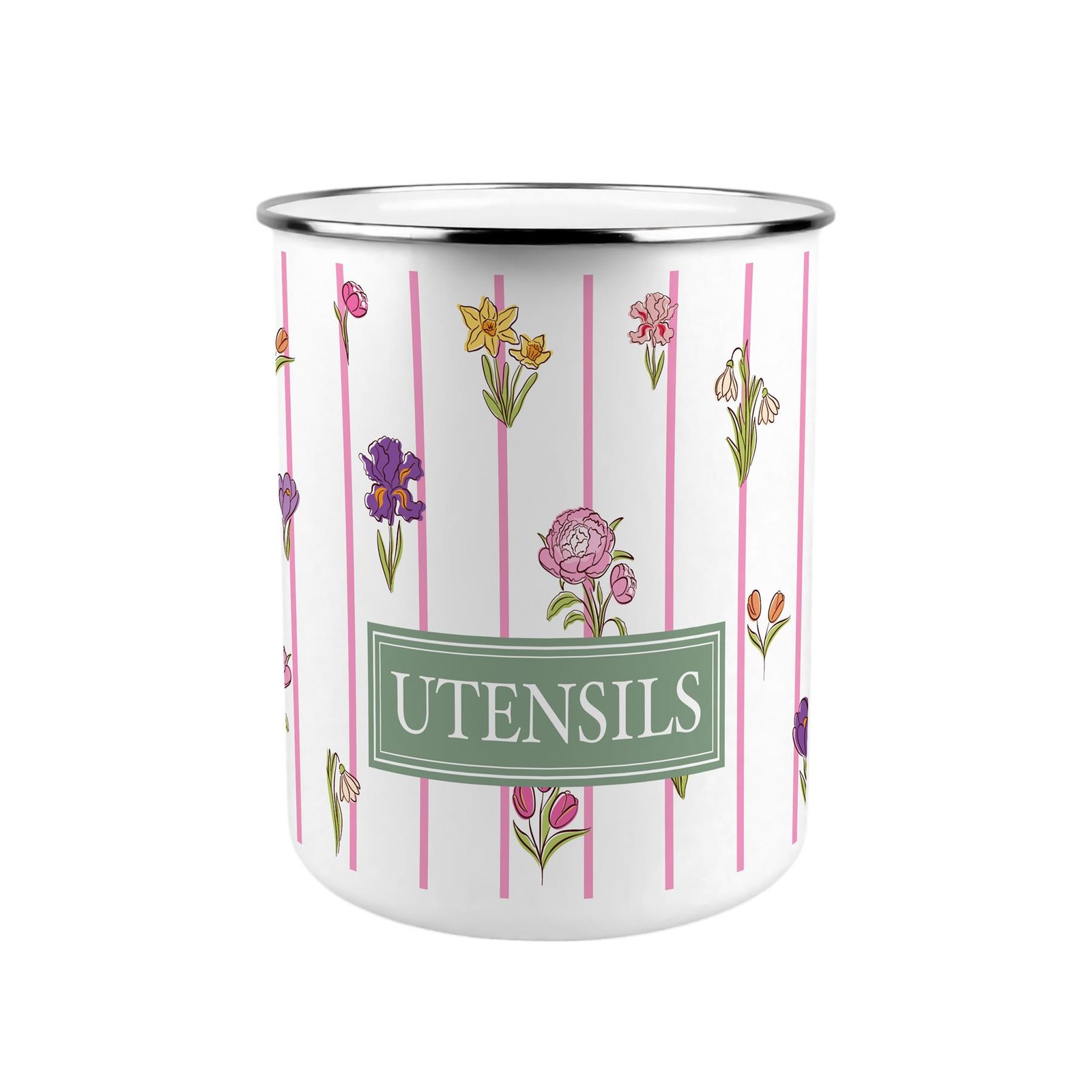 Pinstripe Flowers Utensil Pot - Enamel XL Kitchen Utensil Organiser Decor Gift