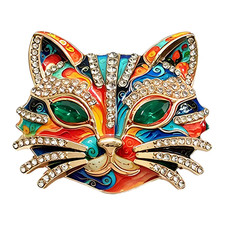 Crystal Cat Face Mask Brooch Pin Vintage Gold Tone Statement Jewelry Lucky Gift