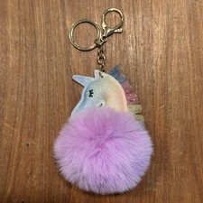 Unicorn Pom Pom Keychain Glitter Plush Faux Fur Purse Charm Backpack Key Ring