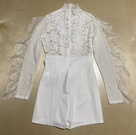 MKQW Women&rsquo;s Size Small Lace Ruffled Long Sleeve Mesh Clubwear Romper in White