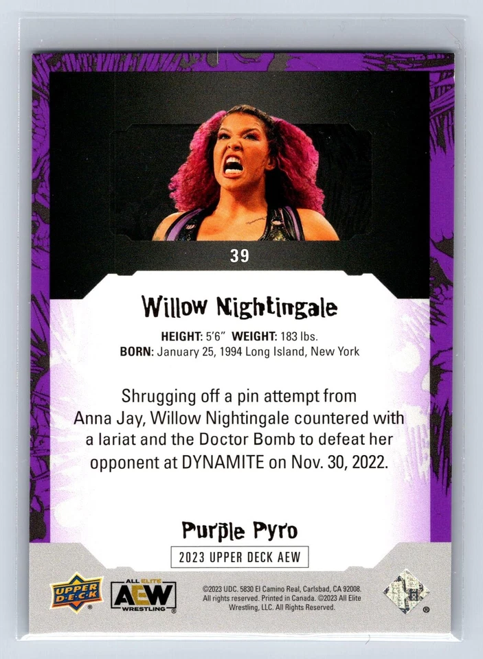 Willow Nightingale 2023 Upper Deck AEW Purple Pyro SN,RC #/149 #39 - Image 2 of 2