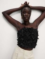 M&S Womens Black Cotton Off-Shoulder Floral Sleeveless Bandeau Women Top