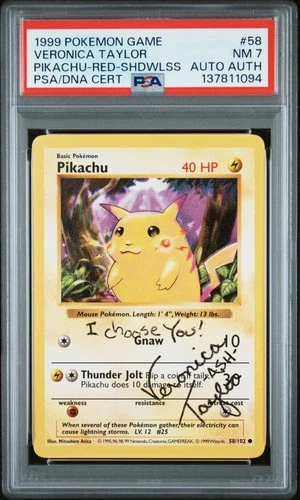 1999 POKEMON BASE SET RED CHEEKS-SHADOWLESS #58 PIKACHU PSA 7 AUTO AUTHENTIC