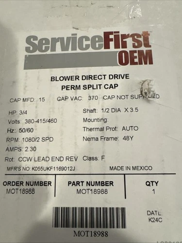 TRANE 200-230V, 1 PH, 3/4 HP, 1080 RPM Motor, MOT18988 (NEW)