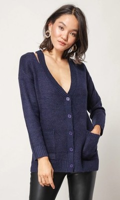 line and dot Jemma Cardigan Cut Out Slits Buttons Pockets NWOT $109 Navy Medium