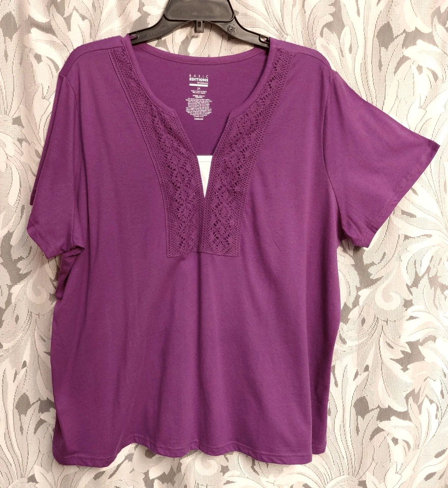 2X BASIC EDITIONS SOFT 100% COTTON KNIT MAGENTA 2-FER TOP T-SHIRT NEW OLD STOCK - Image 3 of 4