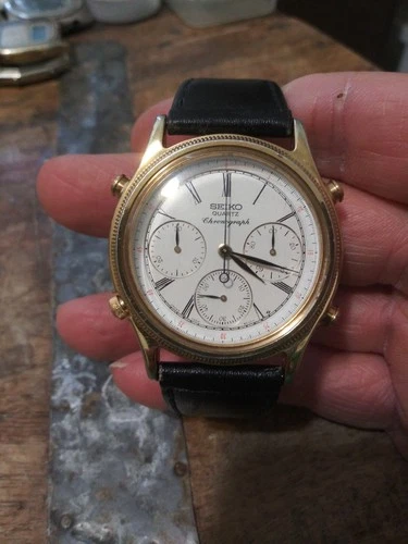 Vintage 1983 Seiko 7A28-6010 Gold Plated Chronograph Watch Nice!!