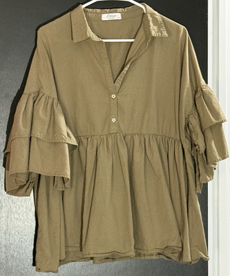 Dotsy's Boutique M Green Solid Collared Button-Front Ruffle 3/4 Sleeve Blouse