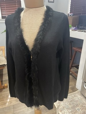 Cricket Lane Collection Black Zip Up Cardigan With Rabbit Fur Trim M Vtg 90s