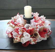 Santa Friends Centerpiece, 17  Christmas Brown Red White Mesh Table Top Decor