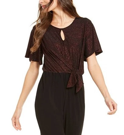 NY Collection Women's Metallic Tie Front Jumpsuit Red Size Petite - Picture 2 of 3
