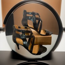 NINE WEST Women’s IDIGIT Black Leather Strap Heels Zip Up Back Sz 6.5 M