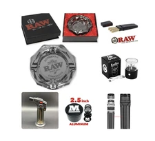 RAW dark glass crystal ashtray + raw three tree cone case+loader+grinder+torch
