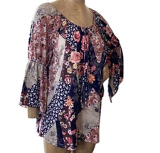 Naif Mixed Print Floral Patchwork BOHO Peasant Top Sz L #21M
