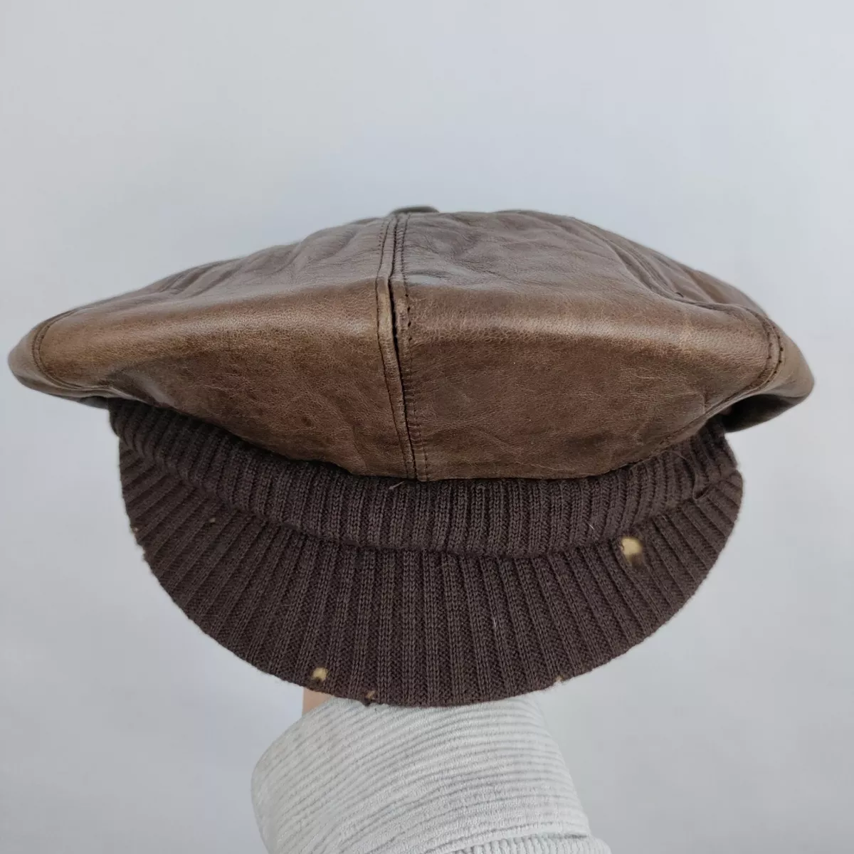 Vintage Armani Hat Newsboy Cap Brown Leather Wool Motorcycle Biker