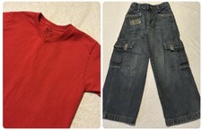 Boys 2pc Medium Red V Neck Short Sleeve T-shirt 8 Slim Wrangler Wide Leg Jeans