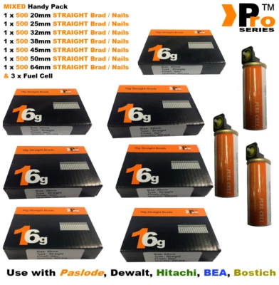 PRO SERIES 16g STRAIGHT nails 3500 +3x Gas for Paslode 20mm+25mm+32mm+38mm+45mm+50mm+64mm
