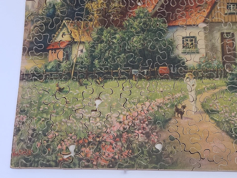 Vintage Antique Wood Wooden Jigsaw Puzzle Cottage Dog Garden Woods Landscape Art - Image 4 of 4