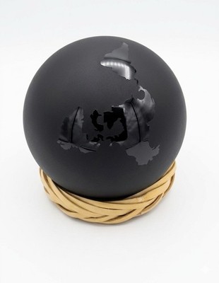 Vintage Mexican Black Obsidian World Globe Sphere Paperweight Etched Continents