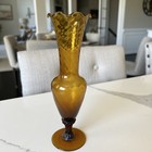 Vintage Amber glass pedestal bud vase swirl scalloped top Hand Blown 8" — photo 4