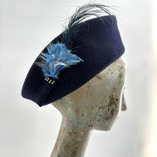 Vtg Navy Blue Felt Hat Feather Accent Tilt Cocktail Church Elegant Formal