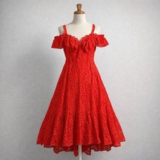 BCBGMAXAZRIA Red Lace Off Shoulder Dress Small Lined High-Low Fit Flare Party