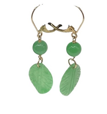 Vintage Lester & Miller 14k Gold Carved Jade Jadeite Apple Green Earrings-3.21 G