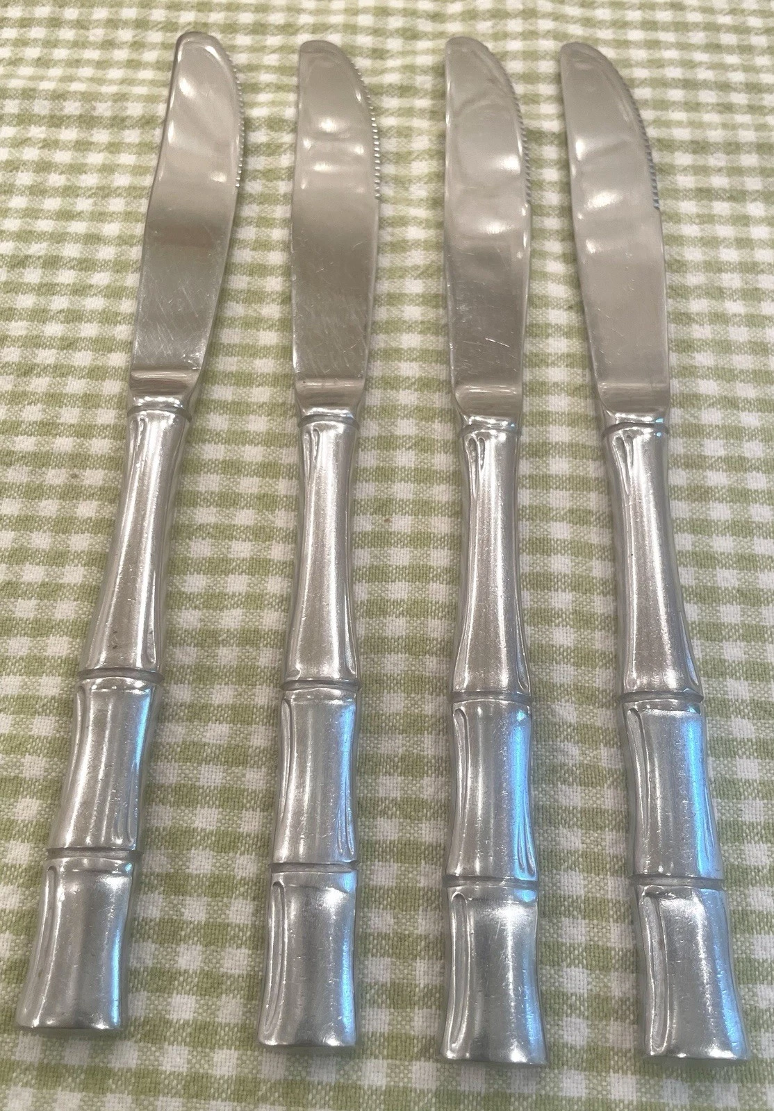 Vintage Supreme Cutlery Cane Bamboo- 4 Stainless Serrated Dinner Knives - Japan