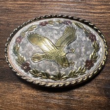 Vintage Oval Gold Tone Flying Eagle Buckle-Flower  Rope Edge on Silver Tone Sky