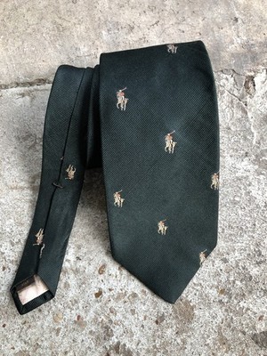 Vintage Tom James Dark Green Polo Players Horses Ponies Men s Necktie 2.25  Wide
