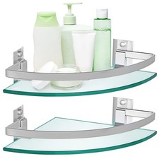 2 Pcs Tempered Glass Corner Shelf with Rail  Brackets, 9.5" x 9.5" Floating ...