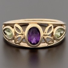 9ct Yellow Gold Amethyst & Peridot Three Stone Ring Size L Hallmarked