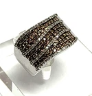 Vtg Sterling Silver Wide Band Ring Rows of Pave` Set Brown & White Diamonds 6.75