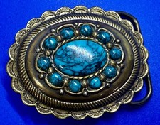 Southwestern Concho Centered Faux Turquoise Stone in Vtg. Brass Tone Belt Buckle
