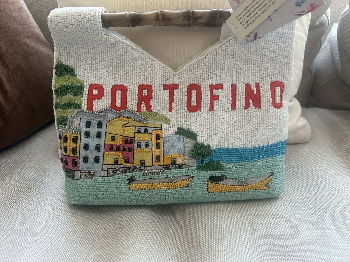 Viral Portofino Beaded Top Handle Bag Italian Landscape Bamboo