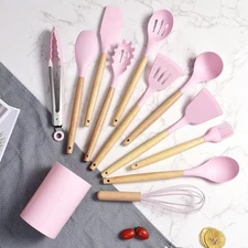 12pcs Silicone Kitchenware Set, cooking  Utensil. Spatula Set With Wooden Handle