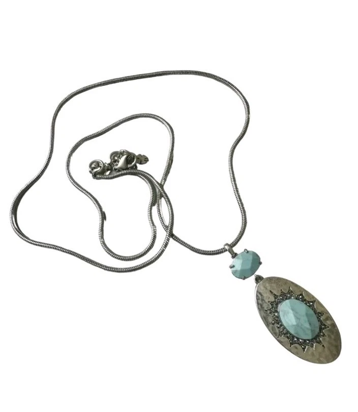 Lucky Brand Silver Sparkling Marcasite Faux Turquoise Statement Boho Necklace - Image 3 of 4