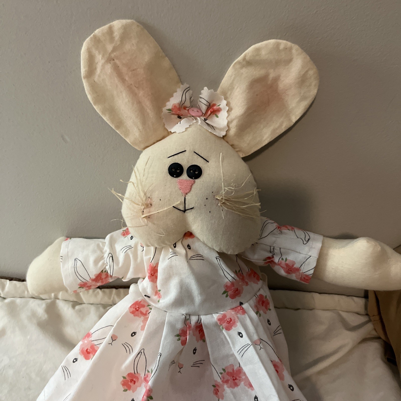 Primitive Handmade Girl  Bunny Rabbit Doll With Handmade Out