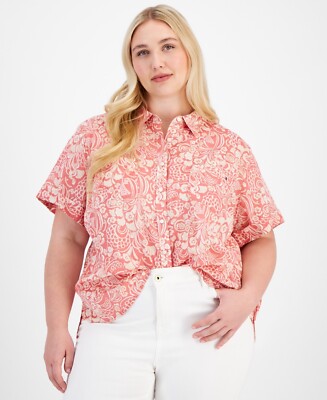 Tommy Hilfiger Cotton Cuffed-Sleeve Camp Shirt Mineral Red Plus Size 2X $60