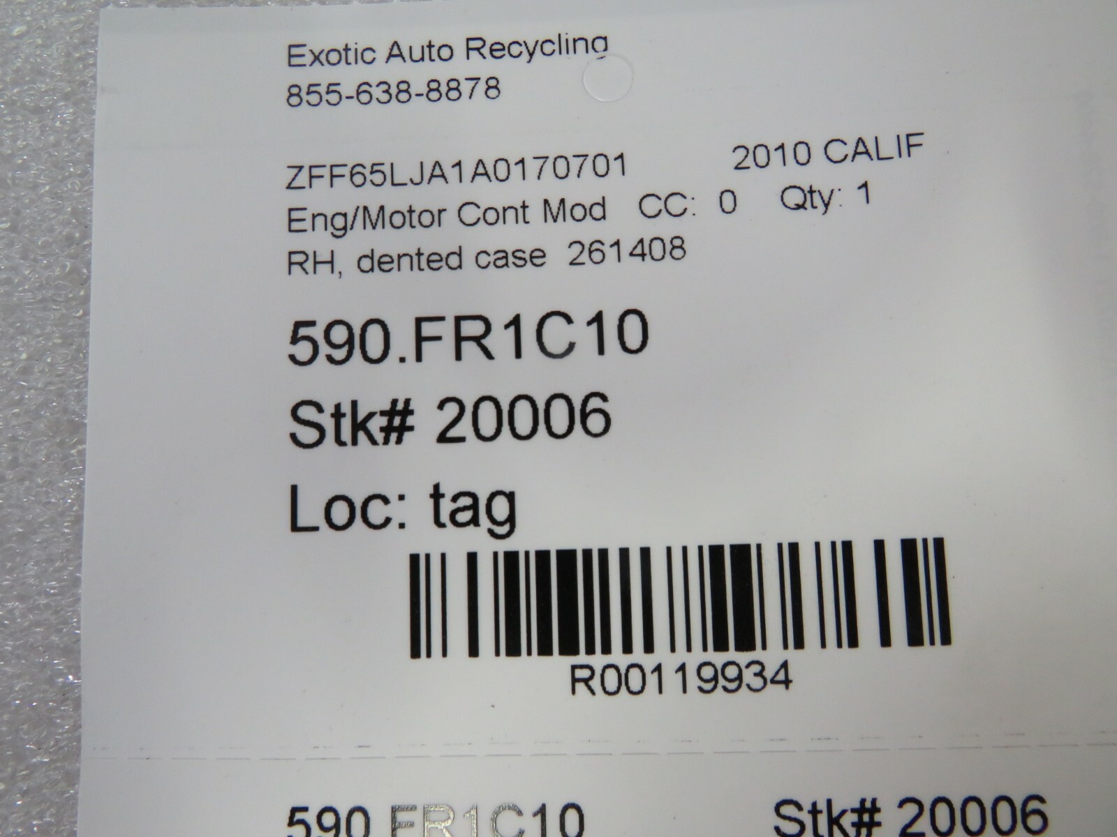 Ferrari California, RH, Right Engine ECU Module, Used, P/N 261408
