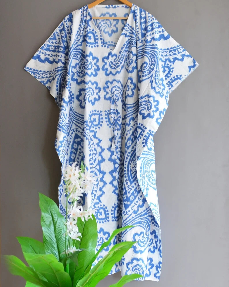knee length dresses for ladies Block-Printed Cotton Kaftan in Mulberry – The Fox and The Mermaid main image 0