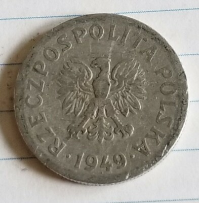 1949 Poland 50 Groszy Coin w/ Eagle & Coat of Arms, Good Condition 
