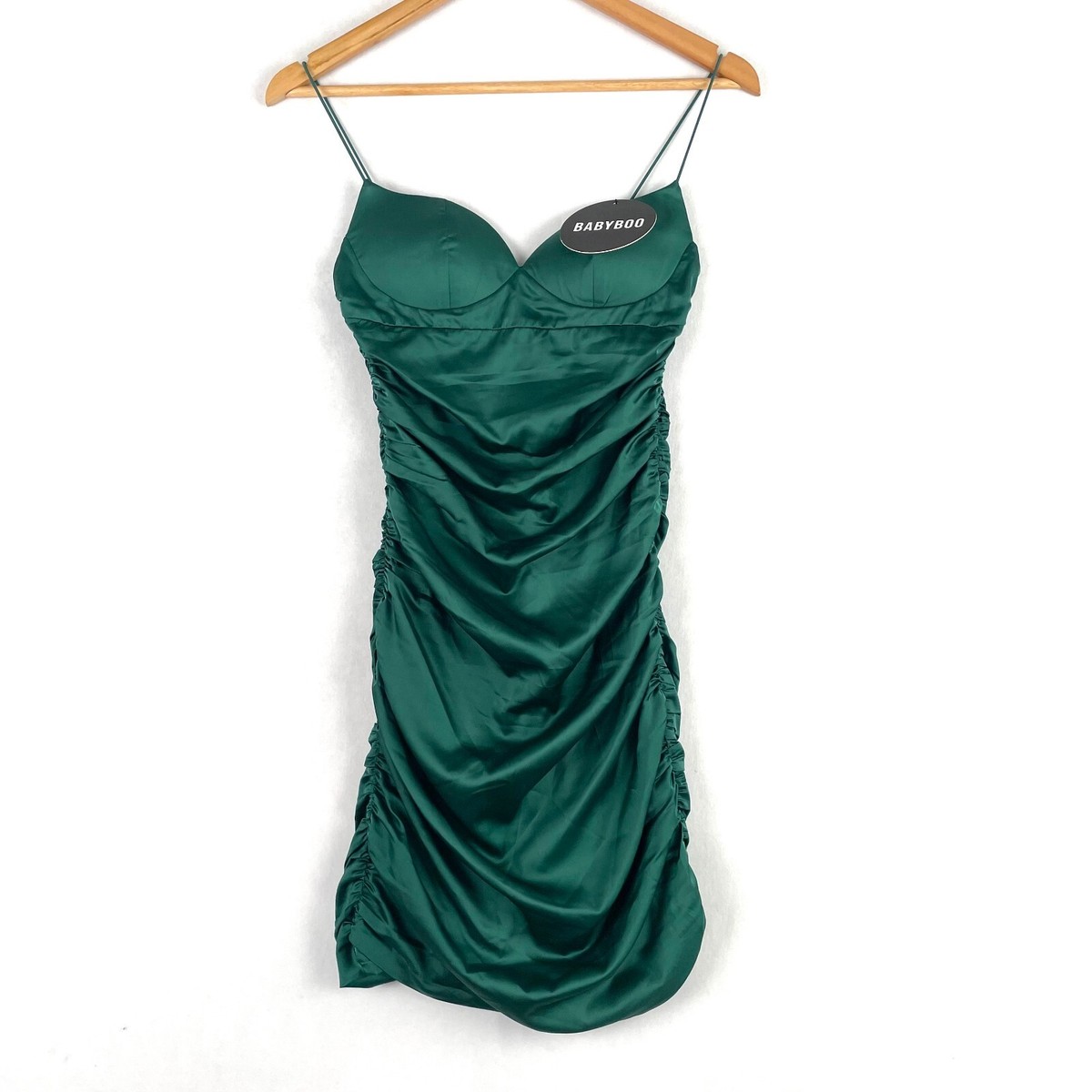 Babyboo Dayna Mini Dress Sleeveless Ruched Bodycon Satin Emerald Size Small  New | eBay Australia